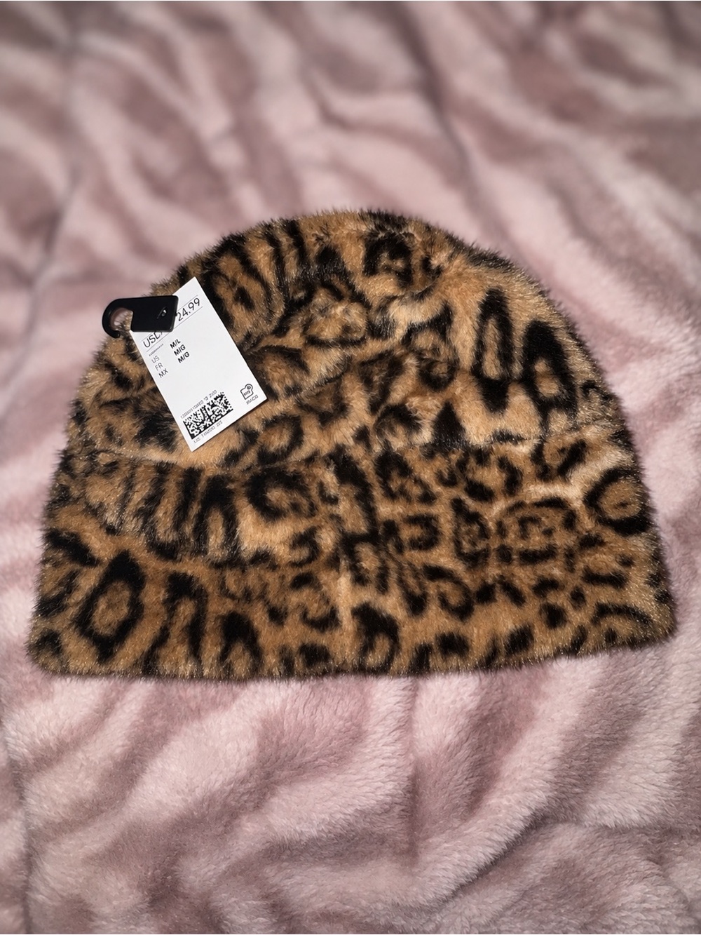 Faux Fur Leopard Print Beanie - Brown